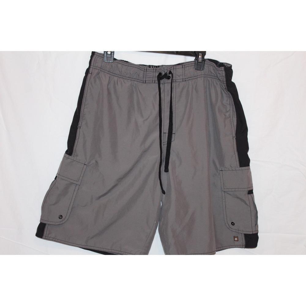 Hang Ten Men's Cargo Shorts XL Gray Black Drawstring Elastic Waist Mesh Lined‎